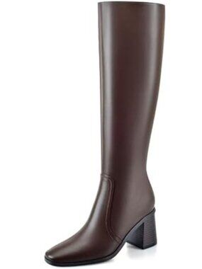 Women Chunky Heel Square Toe Tall Boots Fashion Long Boot with Side Zipper Brown
